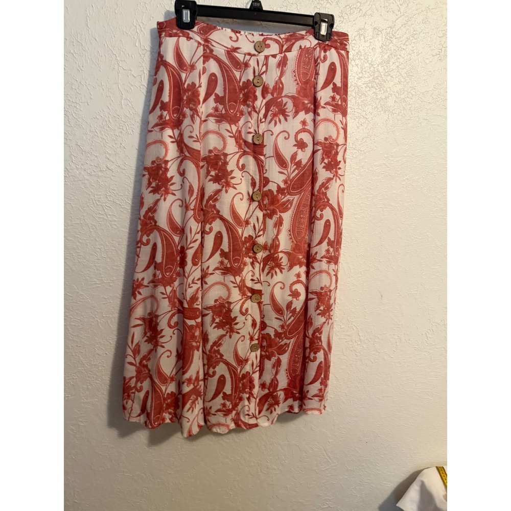 Mlle Gabrielle Red Paisley Button Front Midi Skirt White Floral Boho Size M